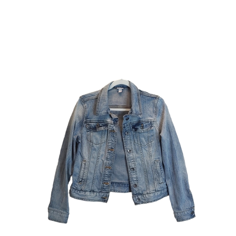 Marona women' denim distress blue long sleeve casual classic jacket size SP